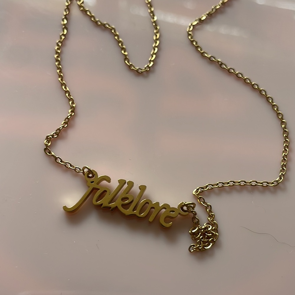 SOLD Taylor Swift Folklore Necklace  Album Gold Handwriting Script Text - Picture 6 of 6